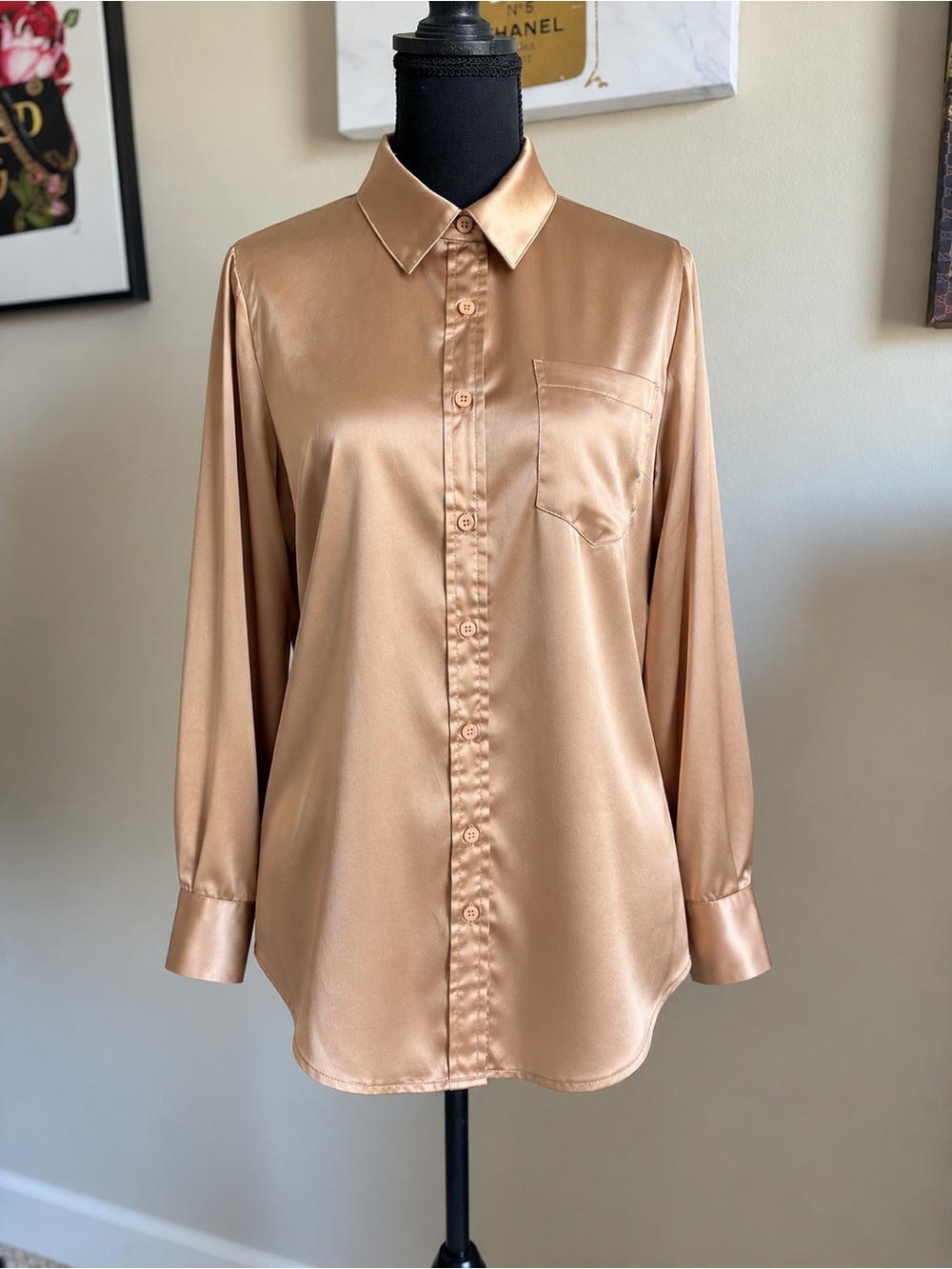 Japna Champagne Gold Satin Button Down Blouse Size M ~ NWT